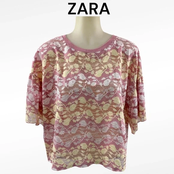 ZARA Blouse Pink Short Bell Sleeve Lace Crop Ribbed Round Neck Sheer Top… - Picture 1 of 15